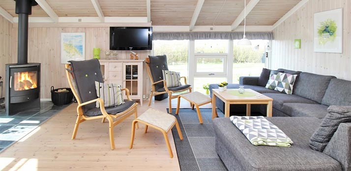 Ferienhaus mit Sofas und Feuer im Holzofen
